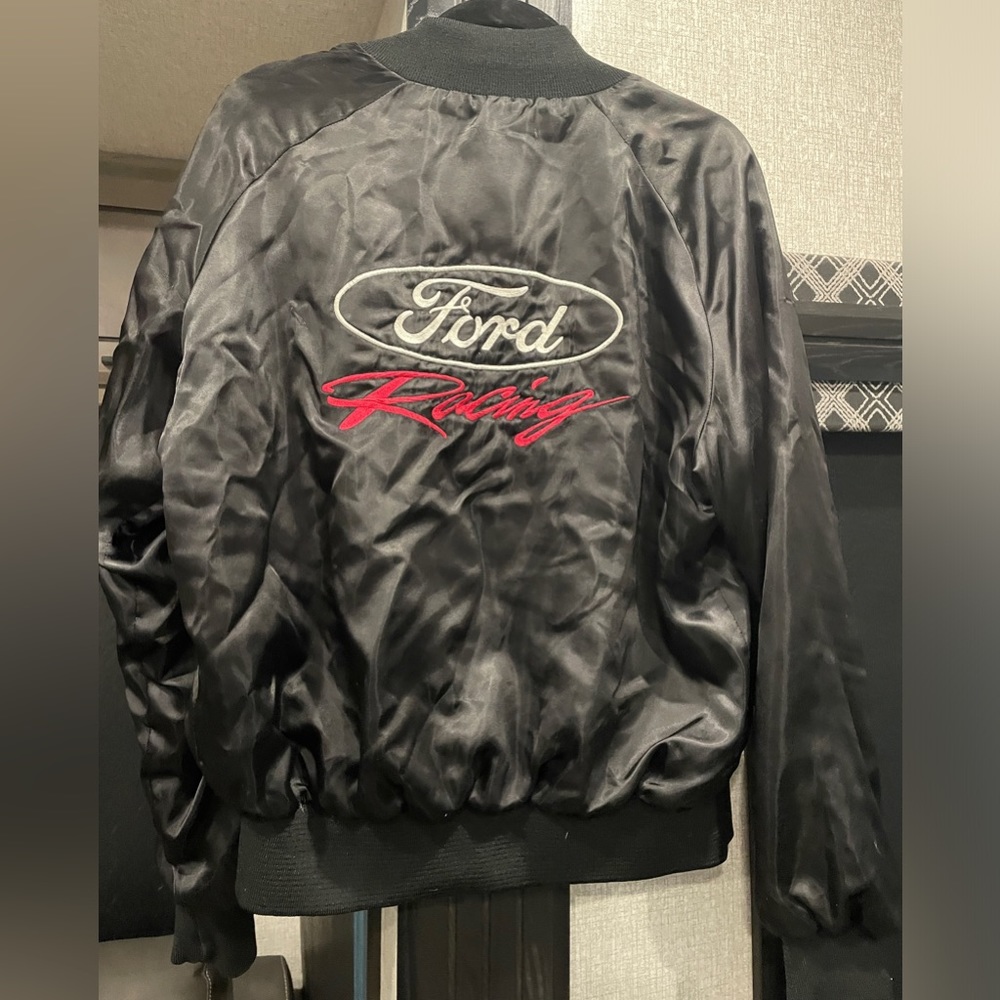 Ford Racing Men's Medium Satin Jacket Snap Button Up Black USA Made vintage